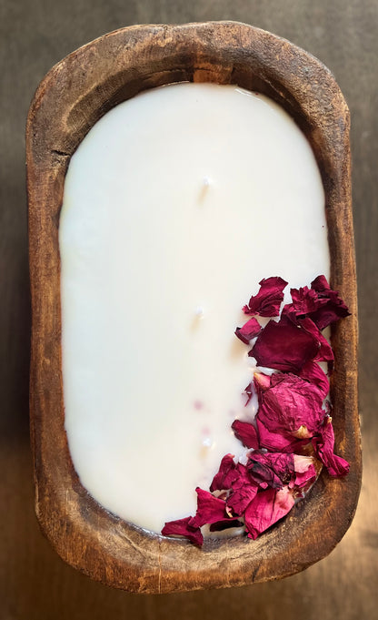 Wooden dough bowl with rose scented wax